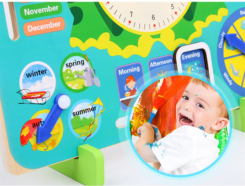 Preschool Wooden Educational Learning Time Weather Season Calendar Clock