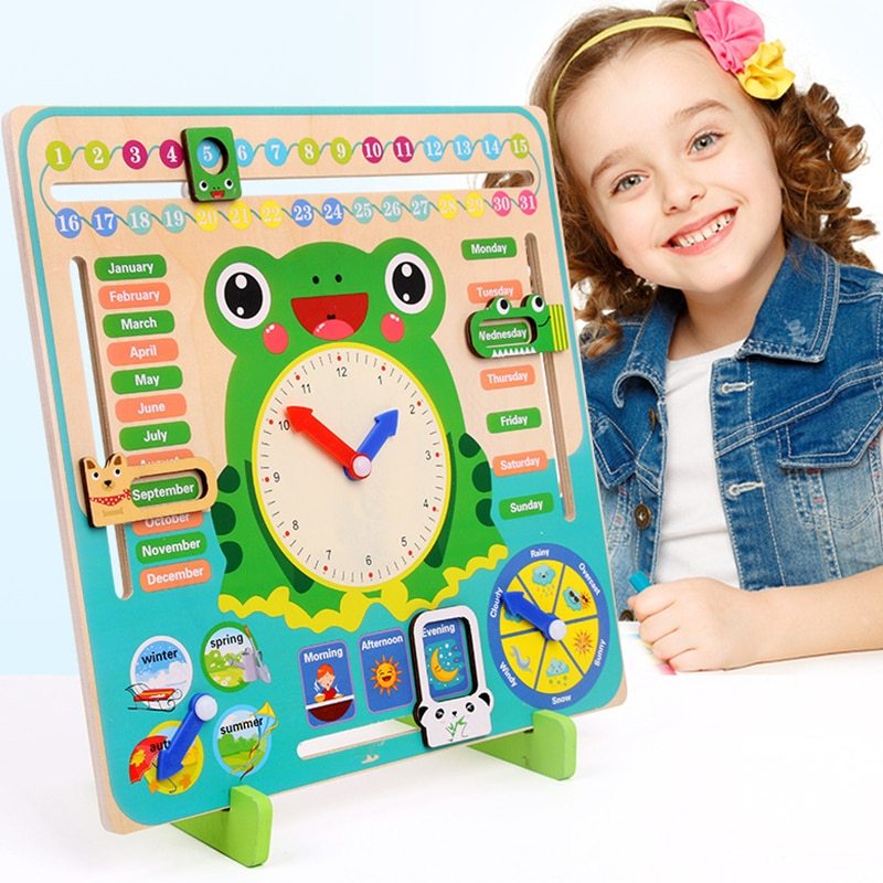 Preschool Wooden Educational Learning Time Weather Season Calendar Clock