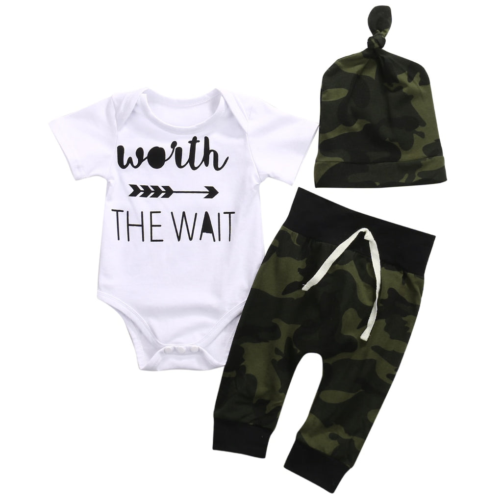 Worth The Wait Camo Baby Boy's Newborn Outfit Set