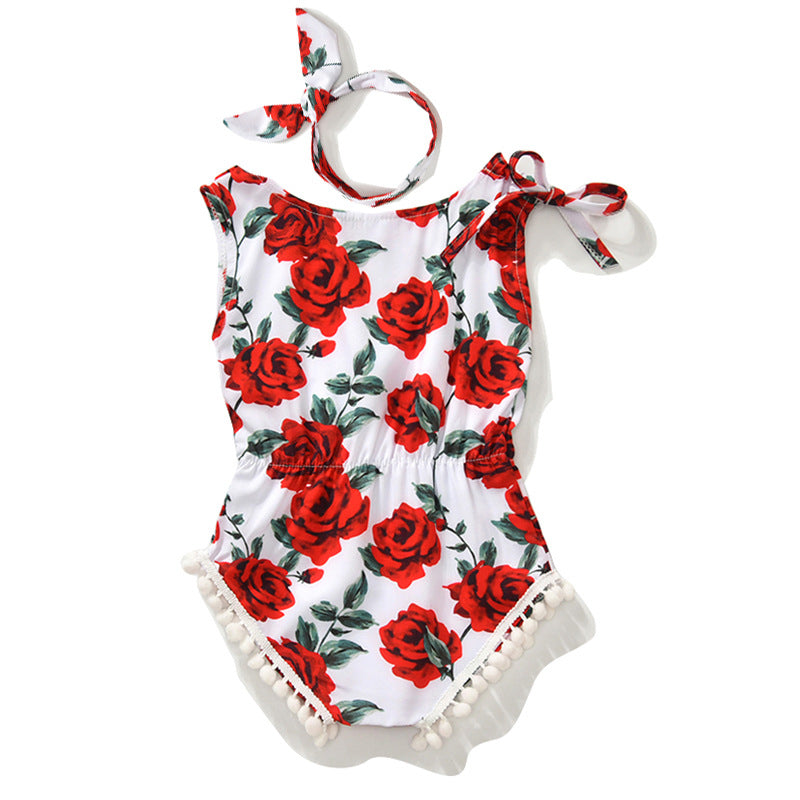 Lillian Baby Girl Rose Floral Romper and Headband 2 Pc Set