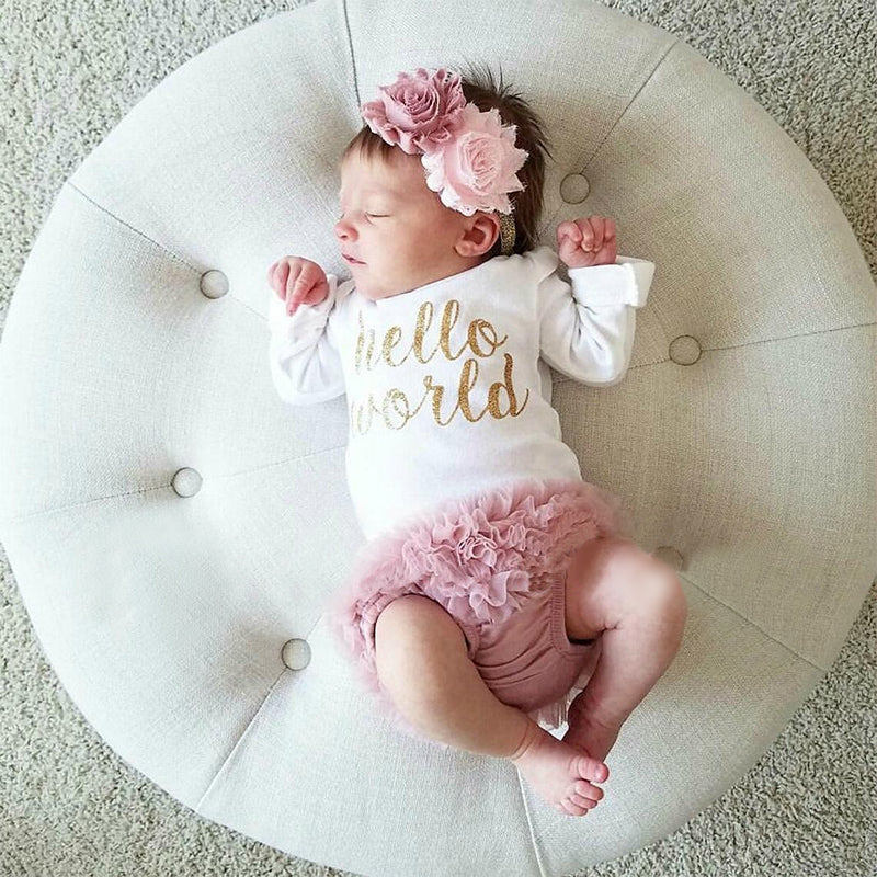 Newborn Take Home Outfit "Hello World" Bodysuit, Shorts and Headband