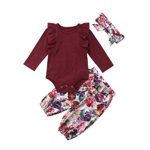 0-18M Infant Burgundy Romper Floral Pants and Headband Autumn Set